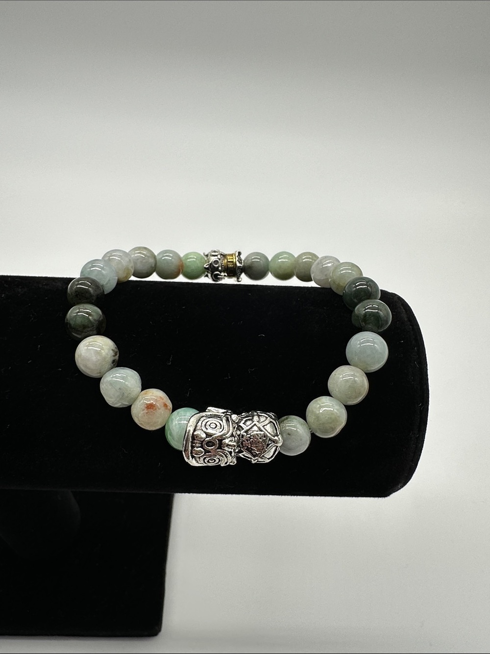 Green Jade Beaded Bracelet with Silver Dragon Accent